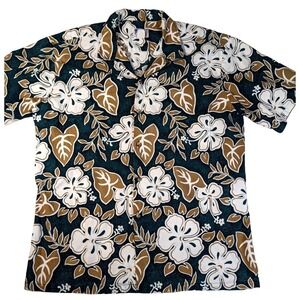 Vintage 80's Men's Teal Green Cotton Hawaiian Button-Down Floral Shirt Size XXL‎
